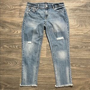 Gap Jeans 27 Girlfriend Distressed Raw Hem Denim Crop Medium Wash Straight Leg